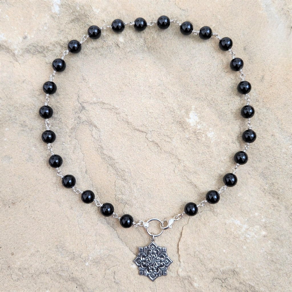 Blk Onyx Chiker Necklace With Sterling Silver Mandala Pendant